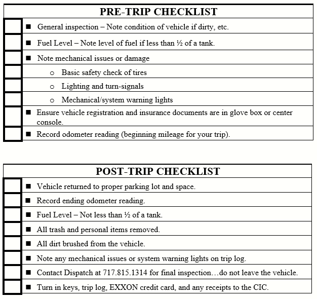 Pre-Trip and Post-Trip checklist for fleet vehicles