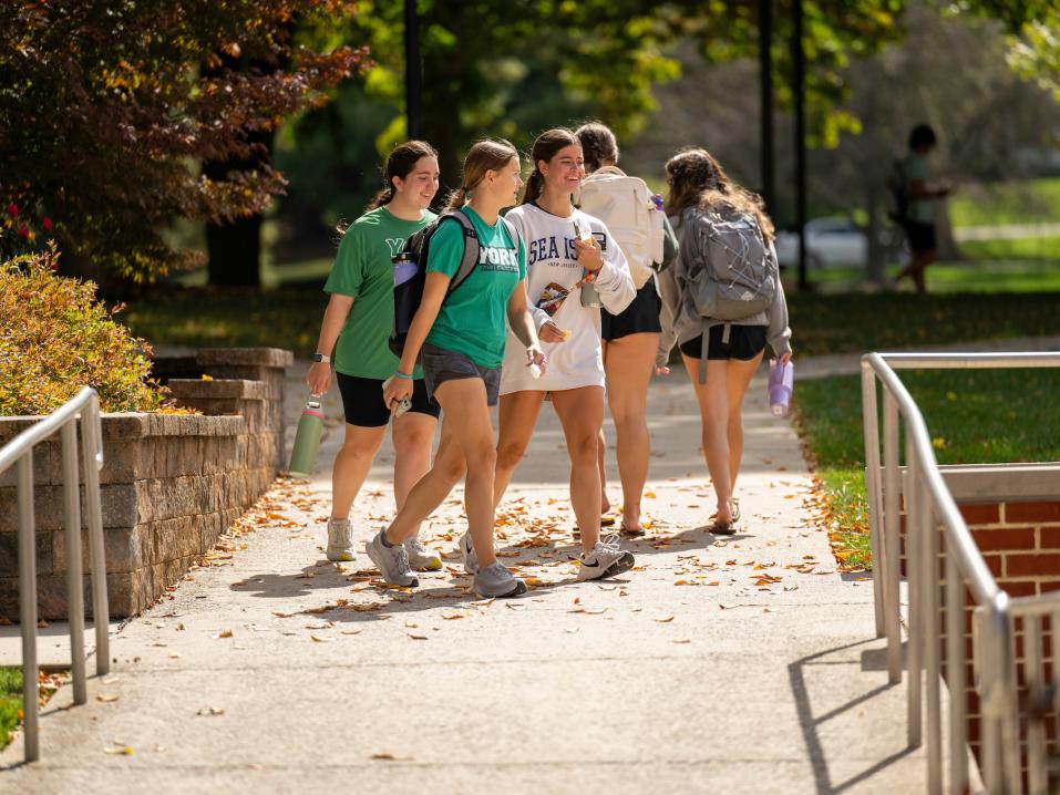 Group of students walking through campus talking to each other.