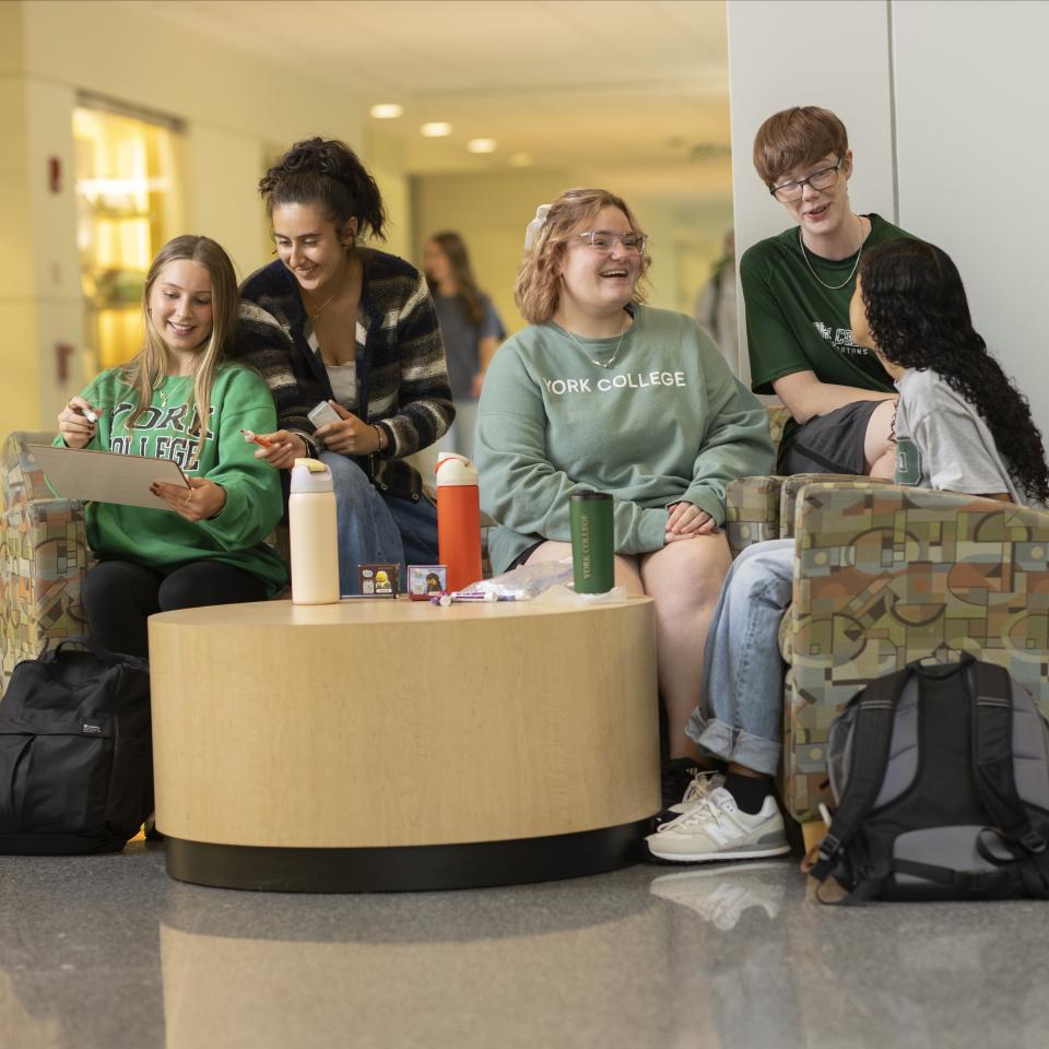 A group of students study together in a common area