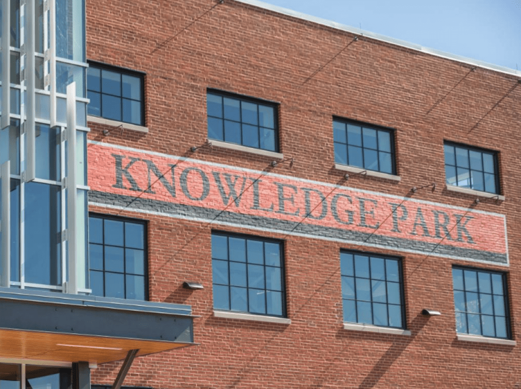 The side of the building of Knowledge Park with the large Knowledge Park signage