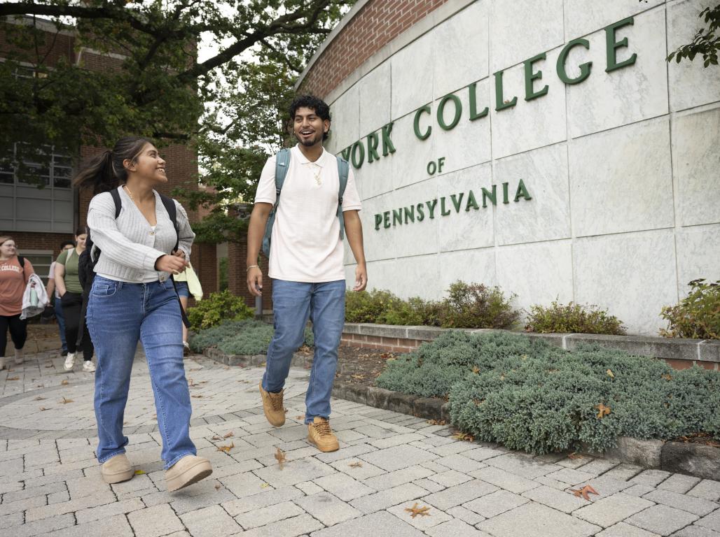 Two students walk together smiling at each other in front of the main York College sign on campus