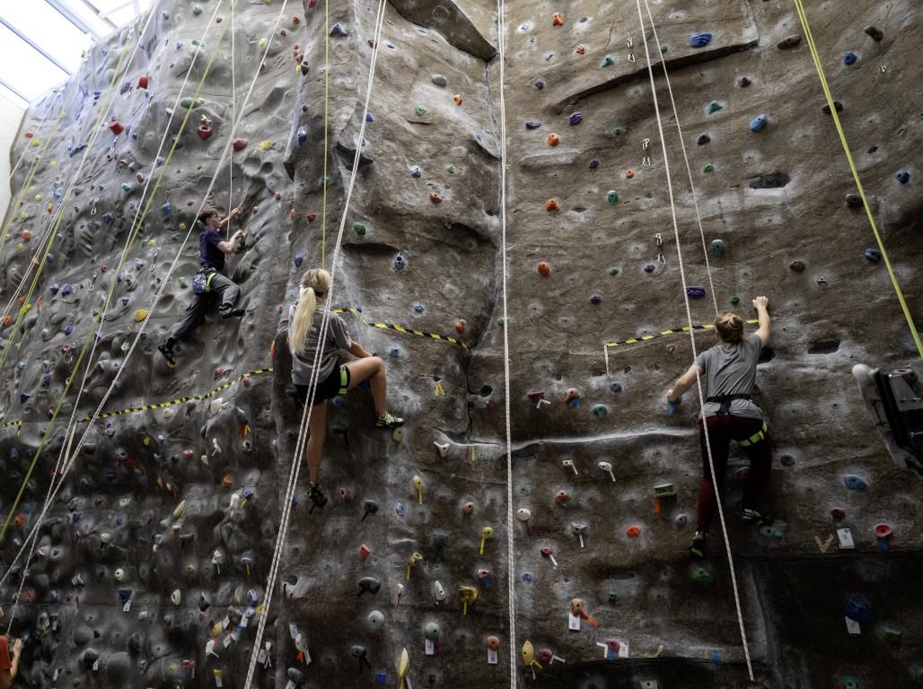 Students climbing on the rock wall