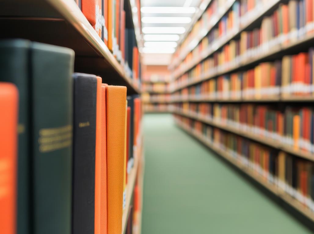 Close-up view of colorful books lining shelves in a library, with the aisle and additional bookshelves extending into the background.