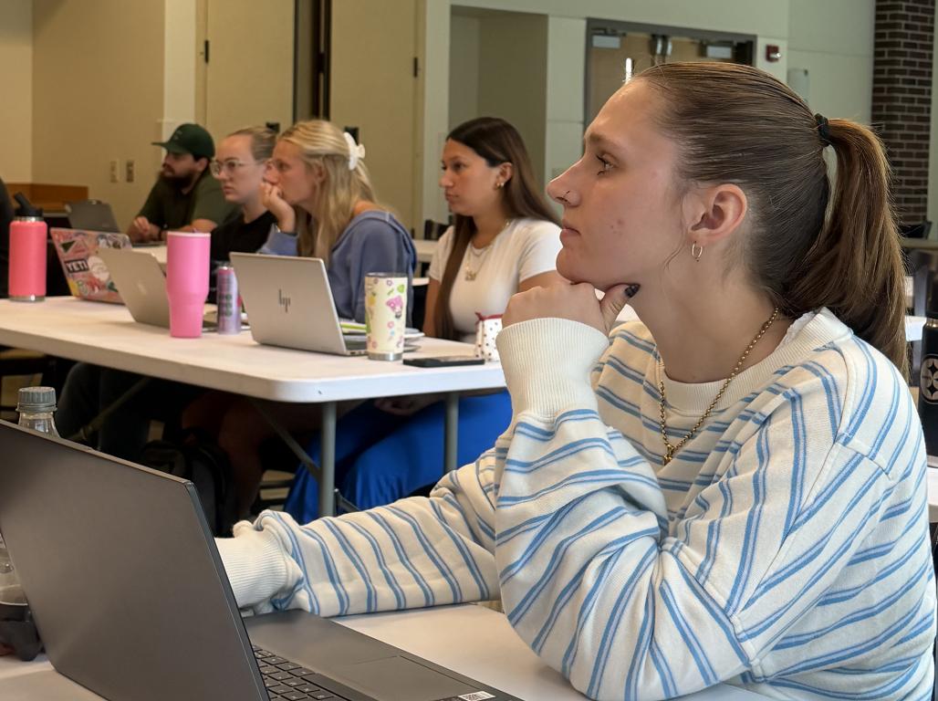 YCP students in a classroom on their computers.