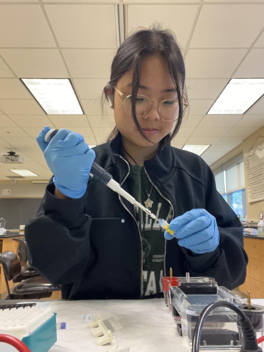 Person wearing protective gloves using a pipette in a chem lab.