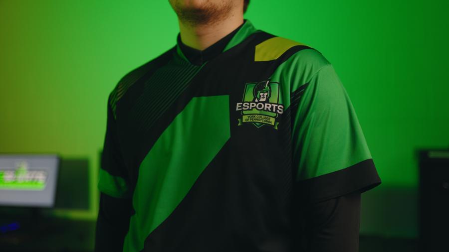 Detail of York College ESports uniform shirt.