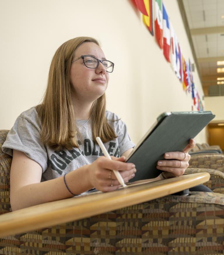 A student in a grey York College shirt sits in a chair in a sunny hallway. The wall is lined with flags and two additional students are visible in the background.