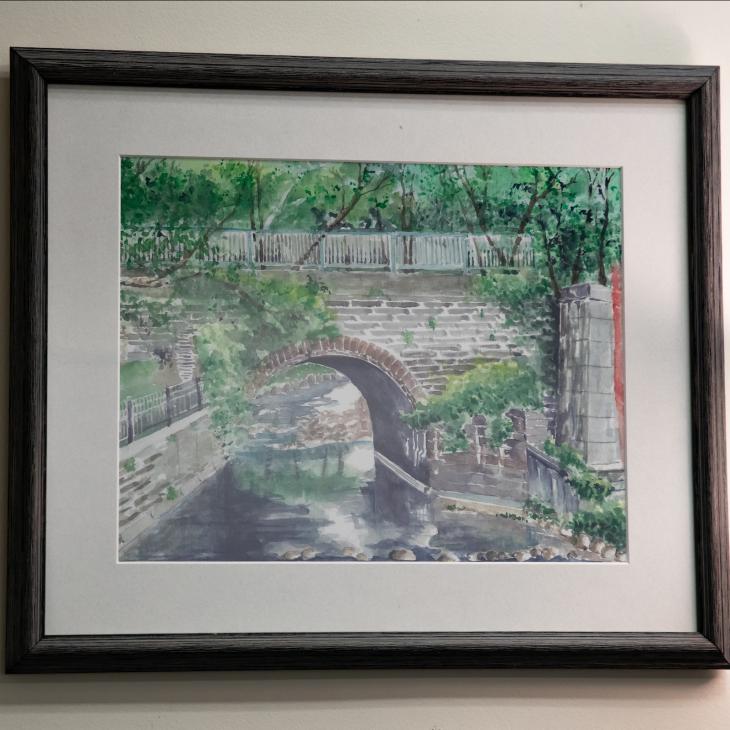 A Watercolor of the Bridge over the Tyler Run Creek.