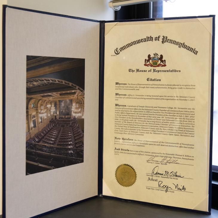 A citation from the PA House of Representative