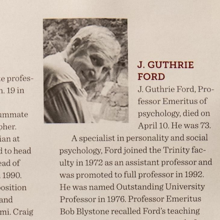 A newspaper clipping of the obituary of Dr. John Guthrie Ford is taped to the wall.