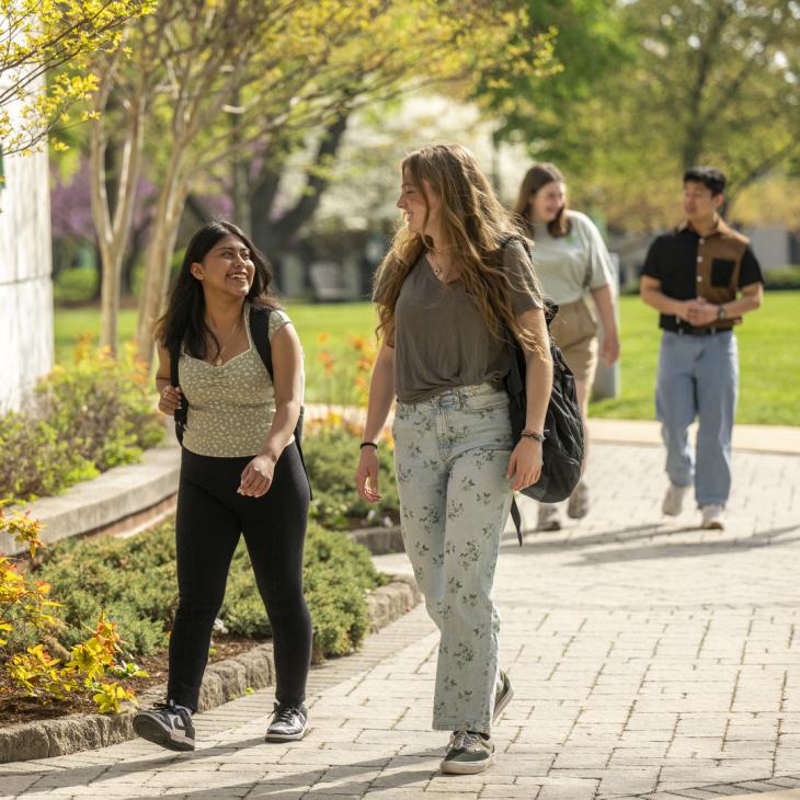 Four students walking on campus.